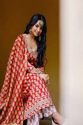 Red hand blocked angrakha suit with palazzo and chanderi dupatta 4