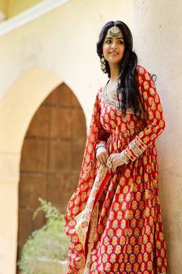 Red hand blocked angrakha suit with palazzo and chanderi dupatta 5