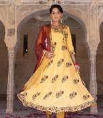 Yellow hand blocked anarkali suit set with doria dupatta