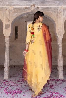Yellow hand blocked anarkali suit set with doria dupatta 2