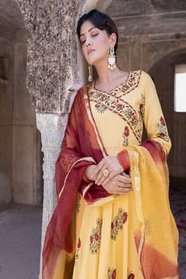 Yellow hand blocked anarkali suit set with doria dupatta 5