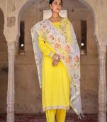 Solid yellow suit set with hand painted organza dupatta