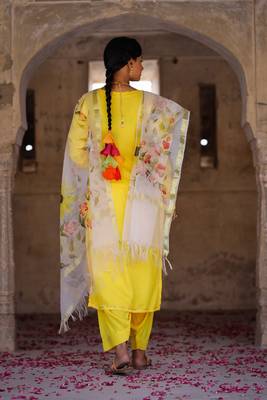 Solid yellow suit set with hand painted organza dupatta 2