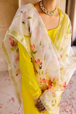 Solid yellow suit set with hand painted organza dupatta 5