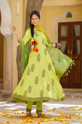 Pista Green hand blocked anarkali suit set with doria dupatta 1