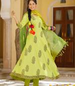 Pista Green hand blocked anarkali suit set with doria dupatta