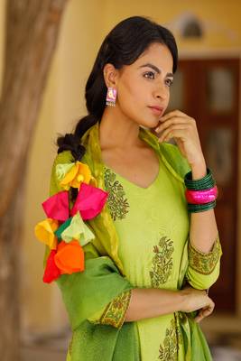 Pista Green hand blocked anarkali suit set with doria dupatta 4