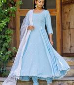 Blue polka anarkali suit set with tissue fabric dupatta