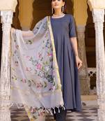 Solid grey anarkali suit set with hand painted organza dupatta