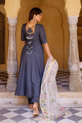 Solid grey anarkali suit set with hand painted organza dupatta 2