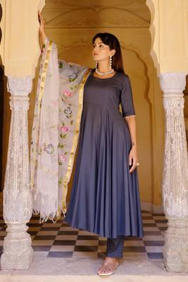 Solid grey anarkali suit set with hand painted organza dupatta 3