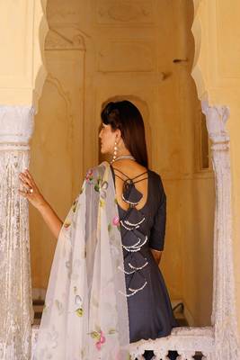 Solid grey anarkali suit set with hand painted organza dupatta 5