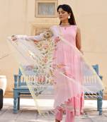 Solid pink anarkali suit set with hand painted organza dupatta