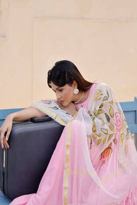 Solid pink anarkali suit set with hand painted organza dupatta 4