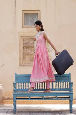 Solid pink anarkali suit set with hand painted organza dupatta 5