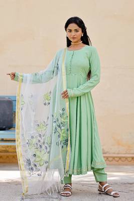 Solid green anarkali suit set with hand painted organza dupatta 1