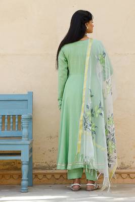 Solid green anarkali suit set with hand painted organza dupatta 2