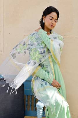Solid green anarkali suit set with hand painted organza dupatta 5