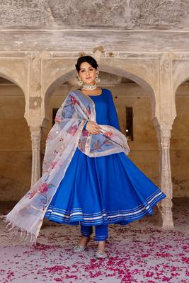 Solid blue anarkali suit set with hand painted organza dupatta 1