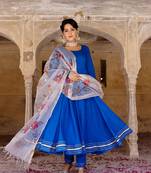 Solid blue anarkali suit set with hand painted organza dupatta