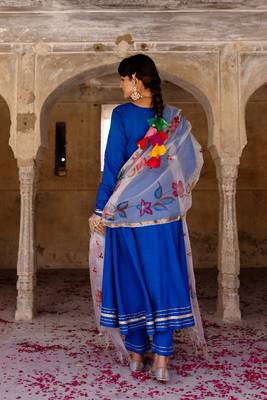 Solid blue anarkali suit set with hand painted organza dupatta 2