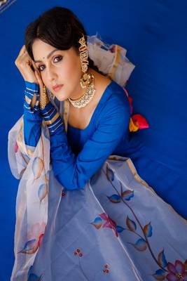Solid blue anarkali suit set with hand painted organza dupatta 5