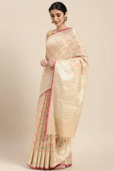 Pink woven blended cotton saree with blouse