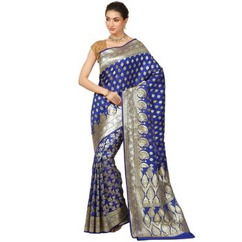 Blue woven satin saree with blouse 1
