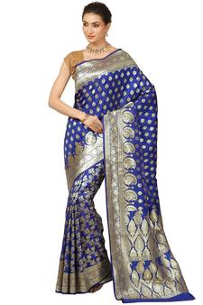 Blue woven satin saree with blouse