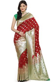 Maroon woven satin saree with blouse