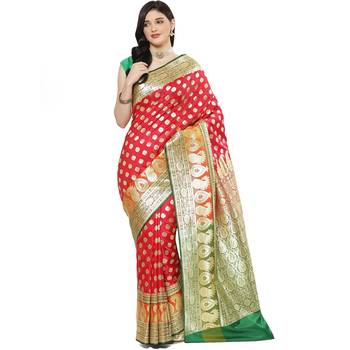 Pink woven satin saree with blouse 1