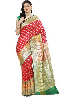Pink woven satin saree with blouse
