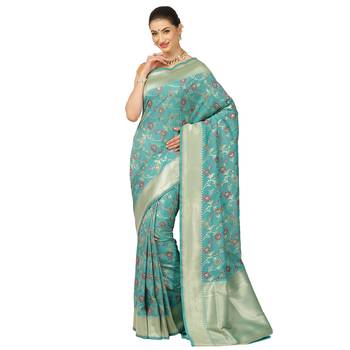 Green woven katan silk saree with blouse 1