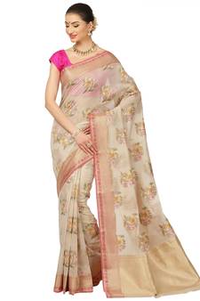 Beige woven cotton saree with blouse