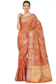 Pink woven cotton saree with blouse