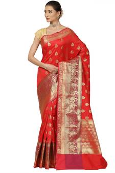 Red woven cotton saree with blouse