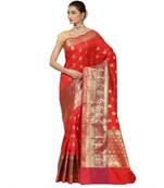 Red woven cotton saree with blouse