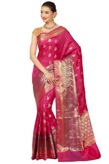 Pink woven cotton saree with blouse