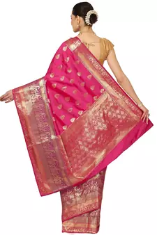 Pink woven cotton saree with blouse