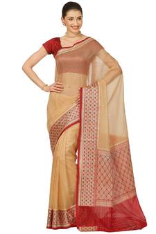 Beige woven cotton saree with blouse