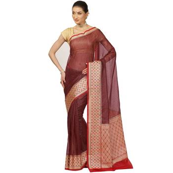 Brown woven cotton saree with blouse 1