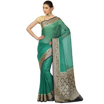 Green woven cotton saree with blouse 1