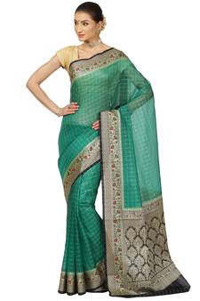 Green woven cotton saree with blouse