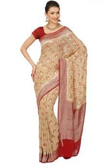 Beige woven georgette saree with blouse