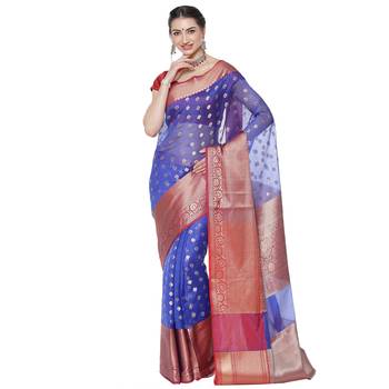 Blue woven kanchipuram silk saree with blouse 1