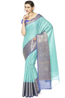 Blue woven Faux kanchipuram silk saree with blouse