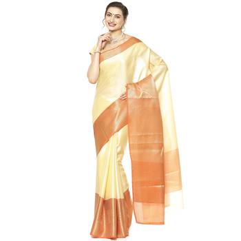 Yellow woven kanchipuram silk blend saree with blouse 1