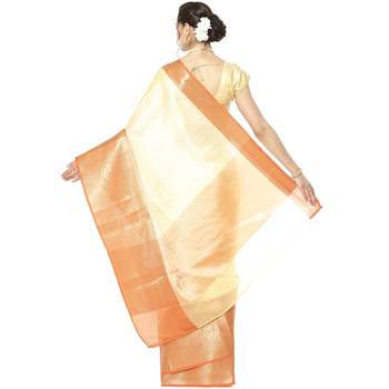 Yellow woven kanchipuram silk blend saree with blouse 2