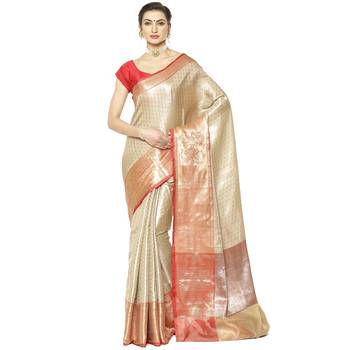 Beige woven kanchipuram silk saree with blouse 1