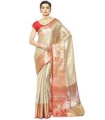 Beige woven kanchipuram silk saree with blouse